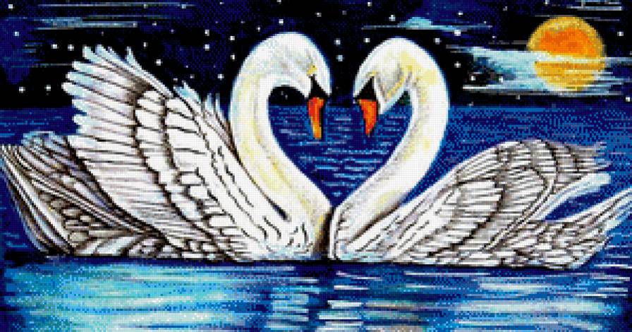 Лебединая пара - отражение, лебеди, луна - предпросмотр