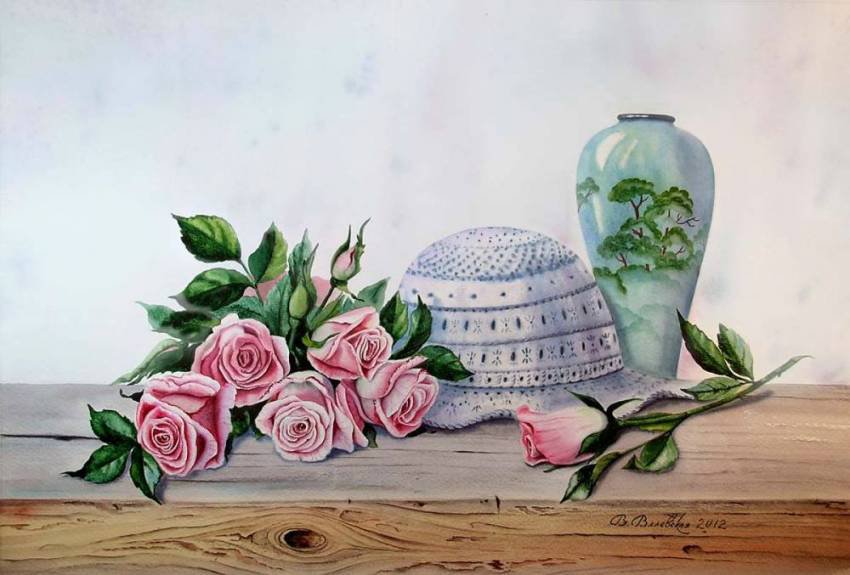 натюрморт с розами, шляпой и китайской вазой - цветы - оригинал