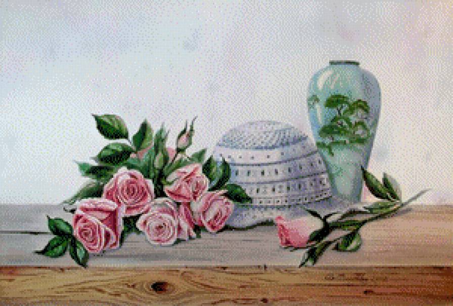 натюрморт с розами, шляпой и китайской вазой - цветы - предпросмотр