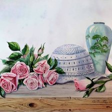 натюрморт с розами, шляпой и китайской вазой