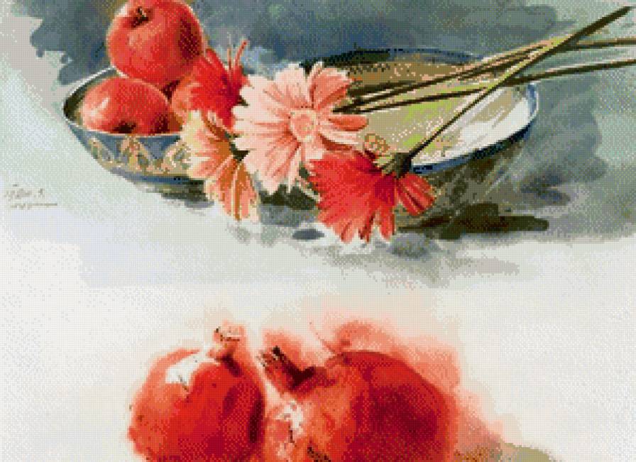 Натюрморт - цветы, фрукты - предпросмотр