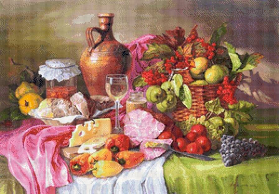 яркий натюрморт - натюрморт, овощи, фрукты, цветы - предпросмотр