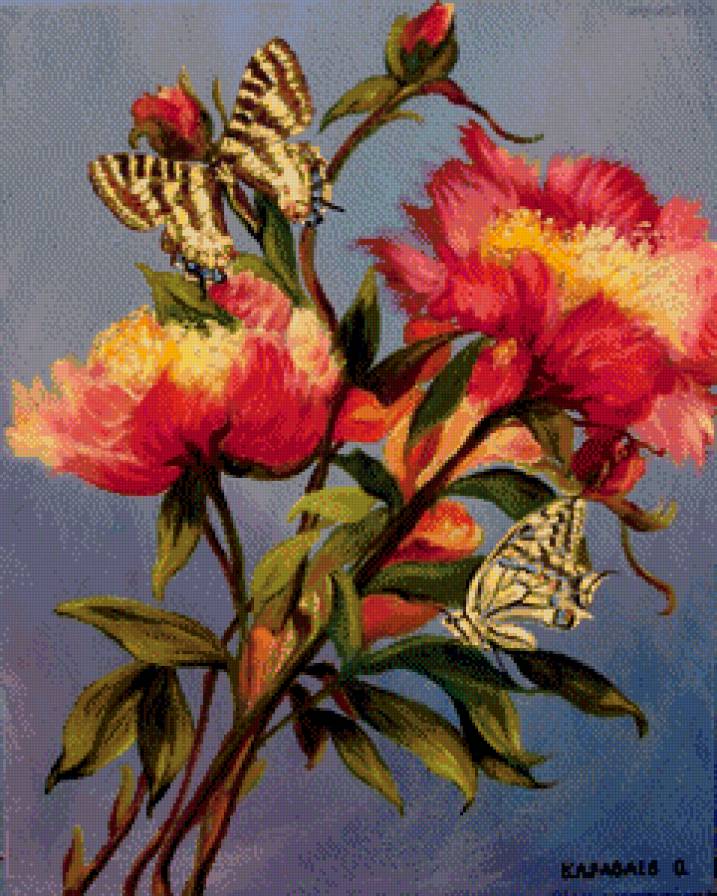 цветы и бабочки - бабочки, цветы, букет, пионы - предпросмотр