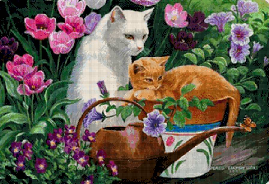 среди цветов - картина кошки - предпросмотр