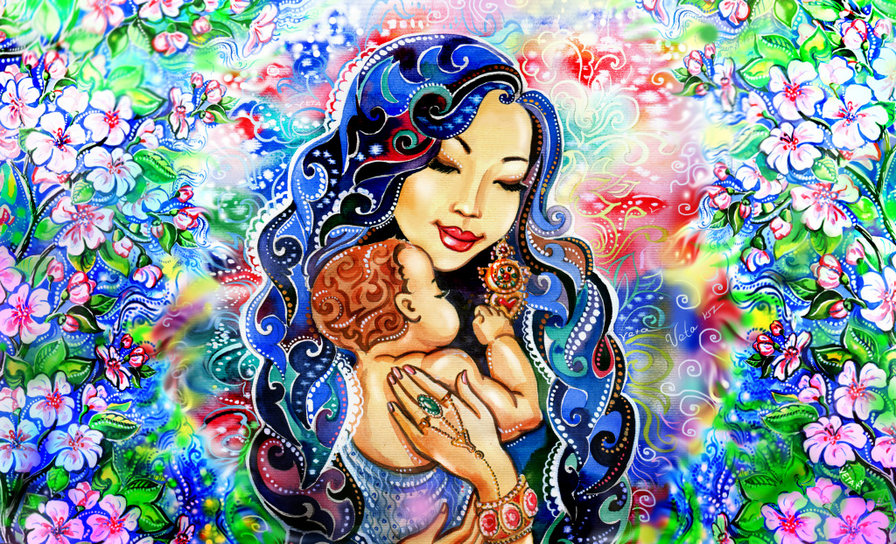 Мать и дитя - материнство, девушка, цветы, ребенок - оригинал