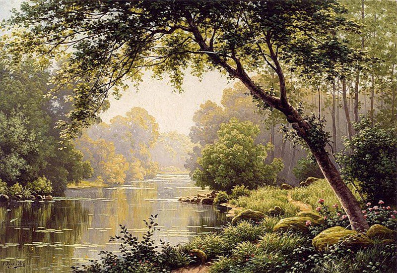 вечерний туман над рекой - пейзаж - оригинал