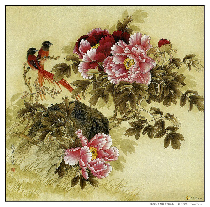 цветы в японском стиле - япония, панно, птицы, живопись, цветы - оригинал