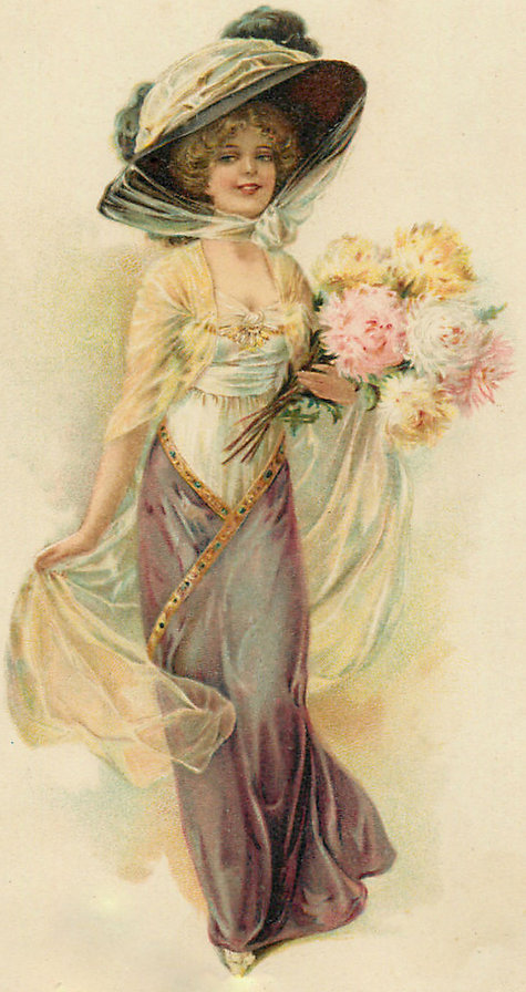 Дама с цветами - ретро открытка - оригинал