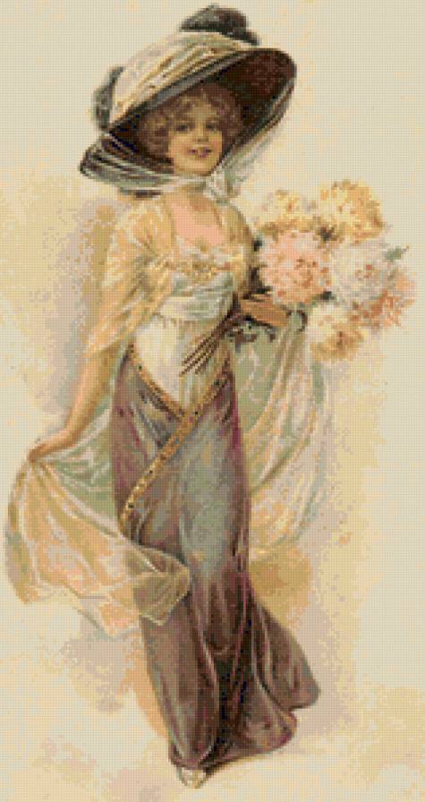 Дама с цветами - ретро открытка - предпросмотр