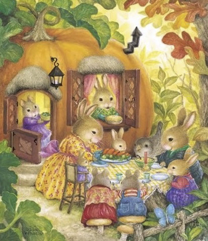 Семейное чаяпитие - кролики, сказка, открытки, открытка - оригинал