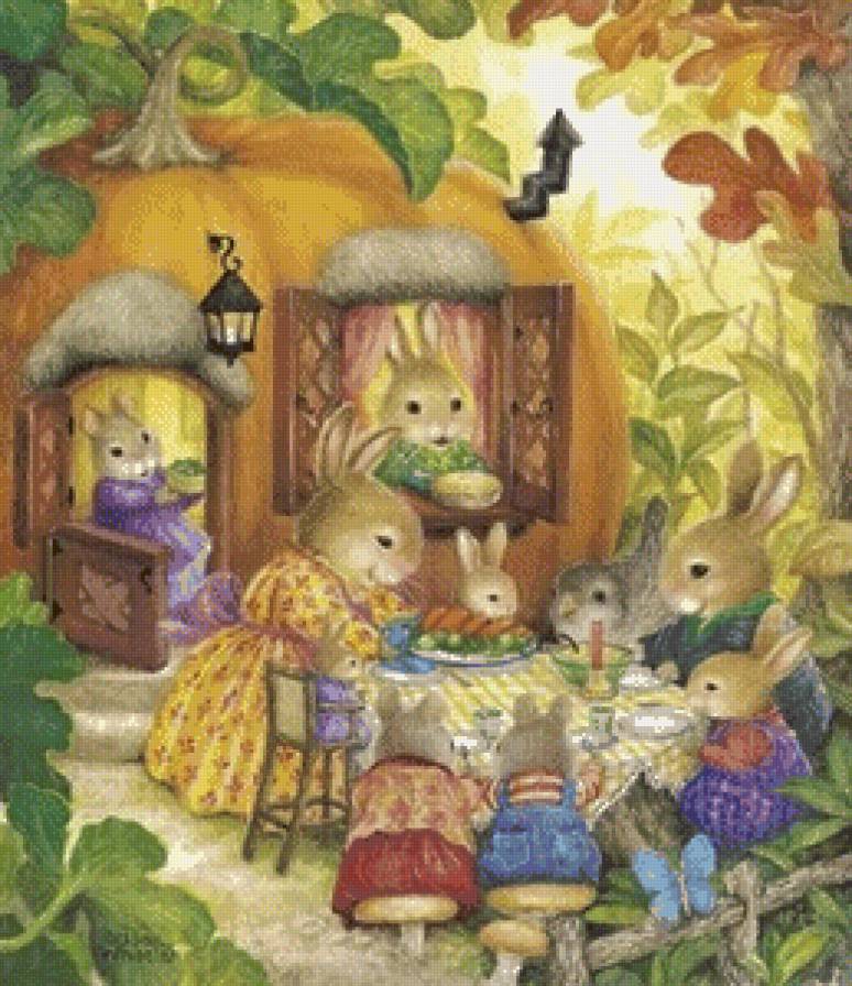 Семейное чаяпитие - сказка, открытки, открытка, кролики - предпросмотр