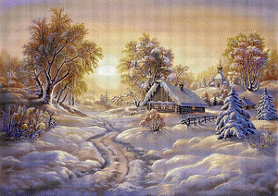 картина - природа, зима, домик - предпросмотр