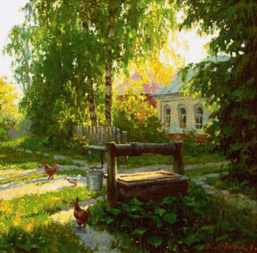 в деревне - живопись, природа, село, колодец, лето, пейзаж, деревня - предпросмотр