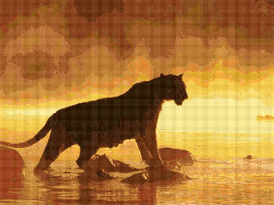 тигр на на закате - тигр, звери, кошка, закат, море - предпросмотр