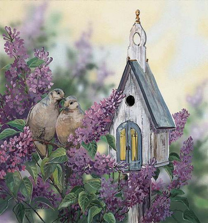 скворечник - домик, парочка, голуби, сирень, птицы - оригинал