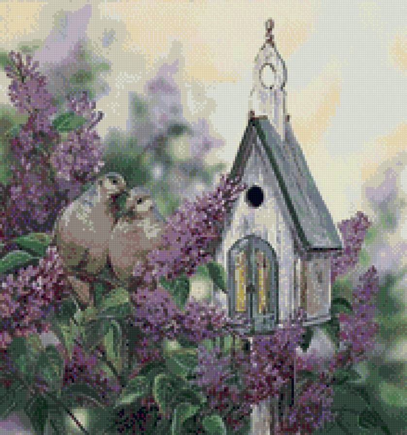 скворечник - парочка, голуби, домик, птицы, сирень - предпросмотр