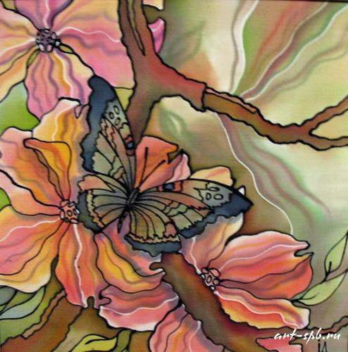 бабочка - витраж, картина, цветы - оригинал