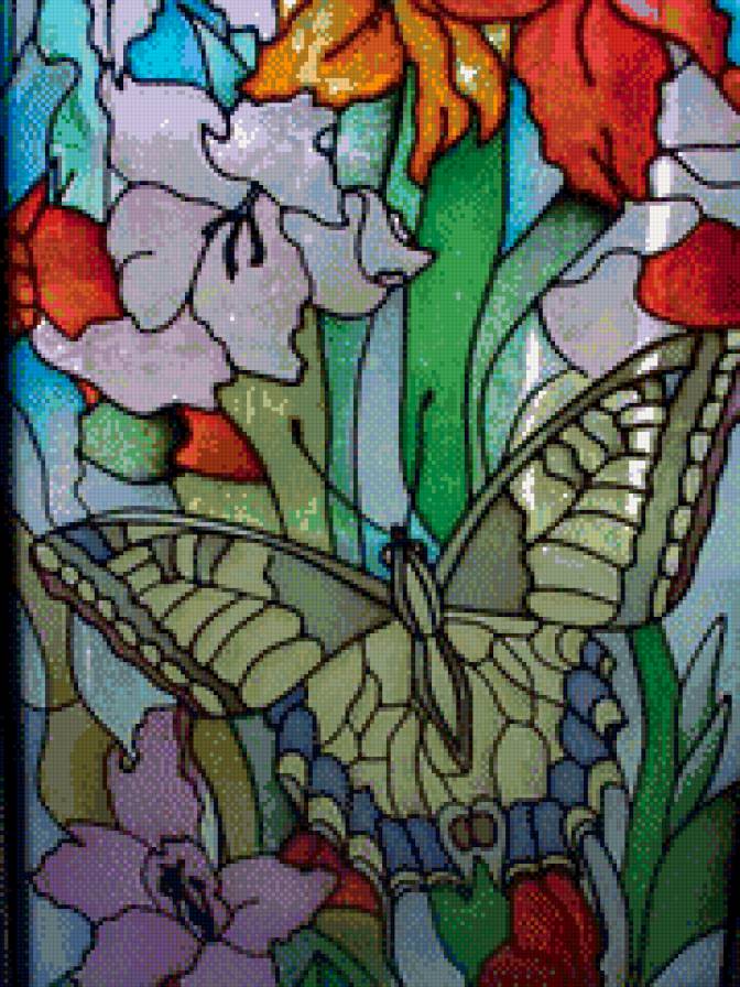 витраж - бабочка, цветы - предпросмотр