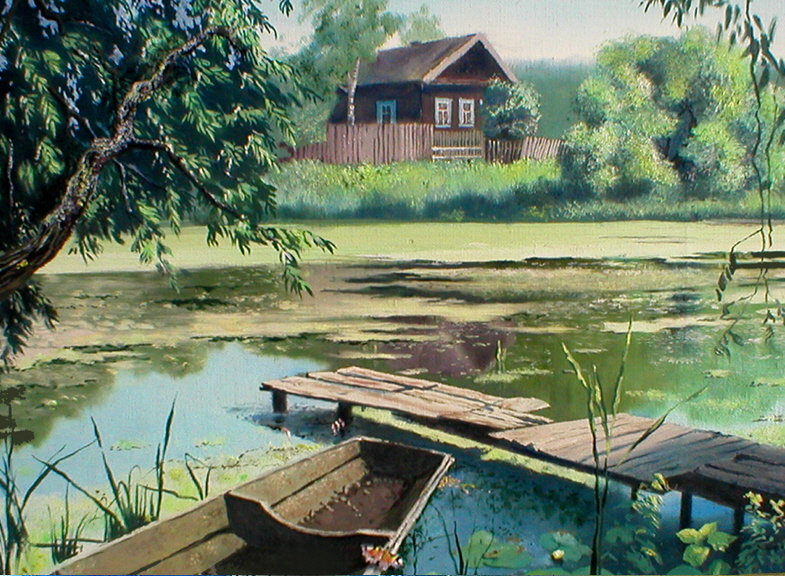 Летний день - деревня, пейзаж, вода, лодка, домик, лето - оригинал
