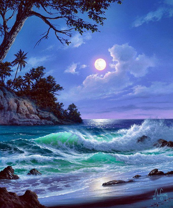 ночной прибой - луна, море, берег, пейзаж - оригинал