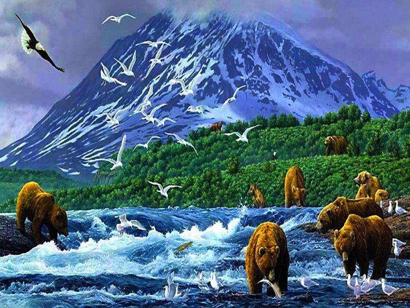 на рыбалке - природа, медведь, горы, река - оригинал