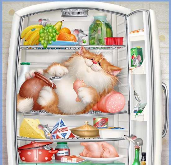 Кот в холодильнике - мульт, кот, рыжий, мыши, мультяшка, холодильник, еда - оригинал