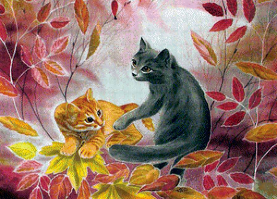Осенние коты - осень, животные, листья, коты - предпросмотр