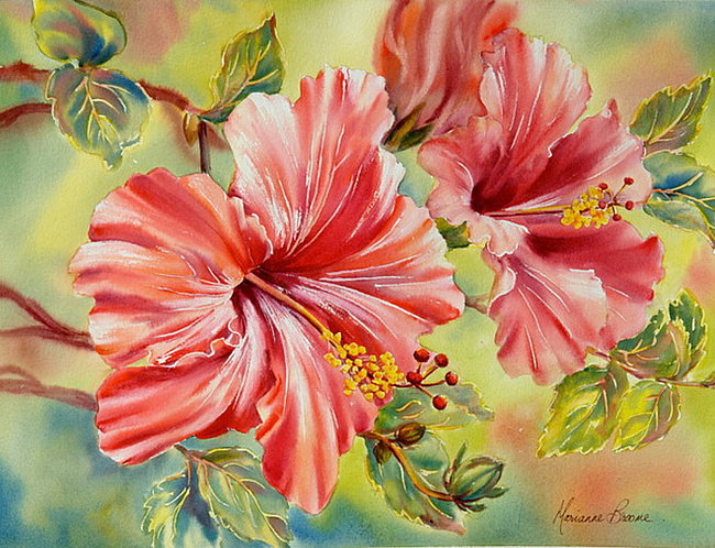 красные цветы - красота, цветы, батик, ветка, живопись - оригинал