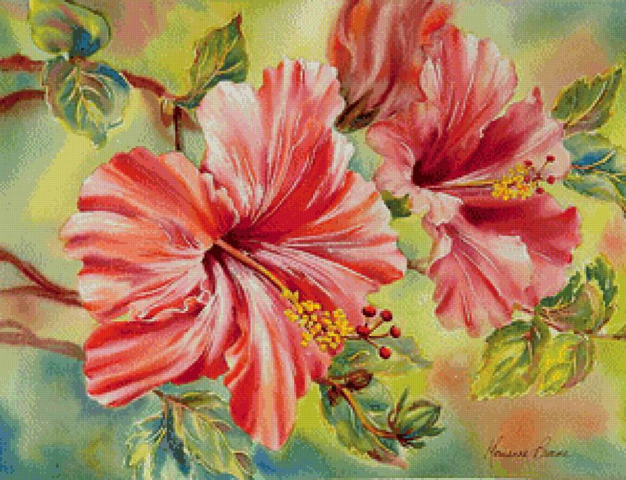 красные цветы - ветка, батик, цветы, живопись, красота - предпросмотр