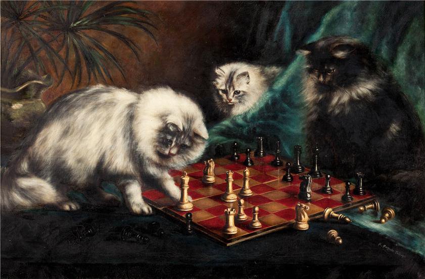 коты и шахматы - кот, кошка, игра, шахматы, животные, живопись - оригинал
