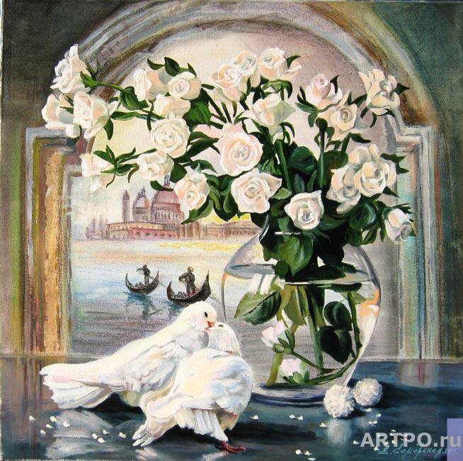 белые розы и белые голуби - птицы, цветы - оригинал