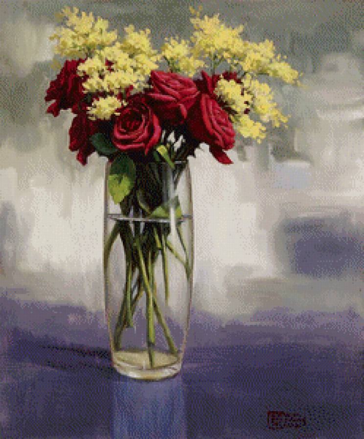 розы с мимозой - розы, ваза, натюрморт, мимоза, весна, букет - предпросмотр