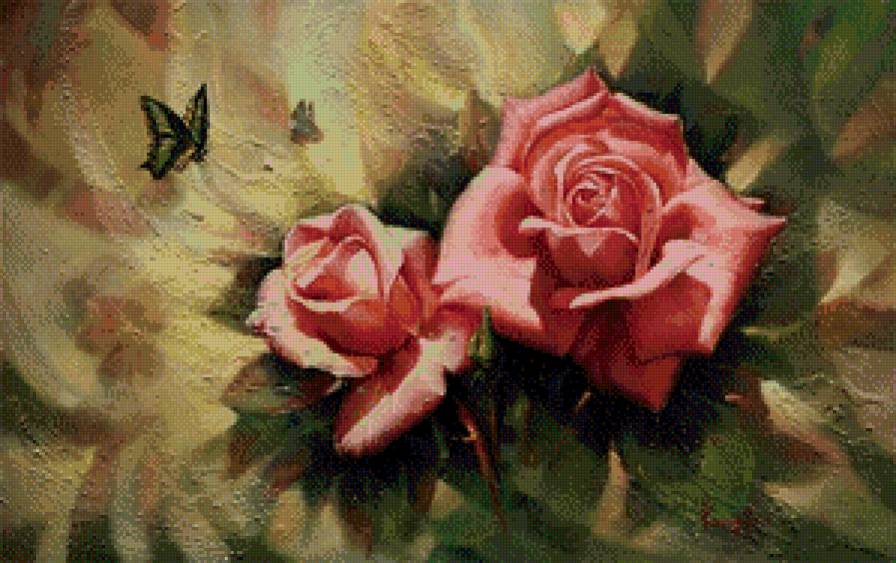 розы и бабочки - розы, лето, картина, бабочки - предпросмотр