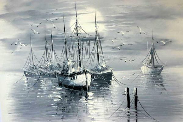 лодки - графика, арт, монохром, лодки, картина - оригинал