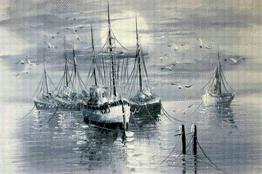 лодки - арт, картина, монохром, лодки, графика - предпросмотр