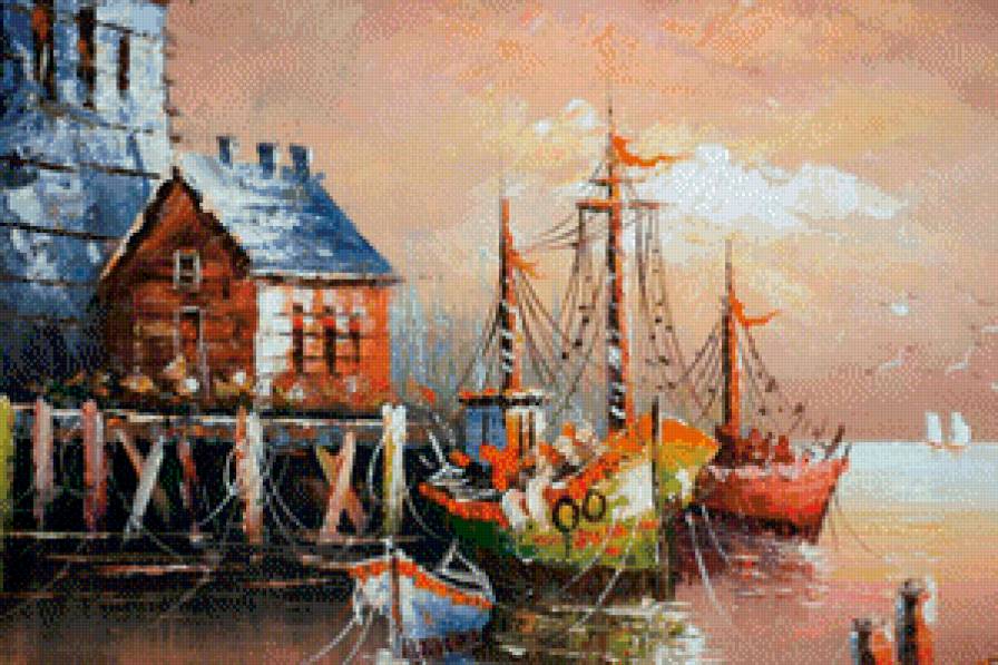 лодки - графика, картина, лодки, живопись, арт - предпросмотр