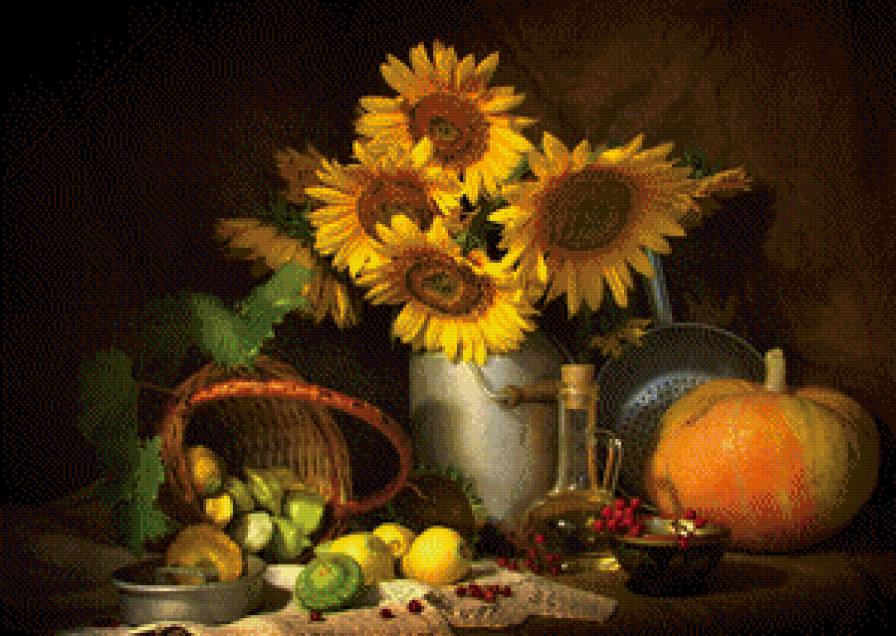 натюрморт с подсолнухами - натюрморт, тыква, подсолнухи, лето - предпросмотр