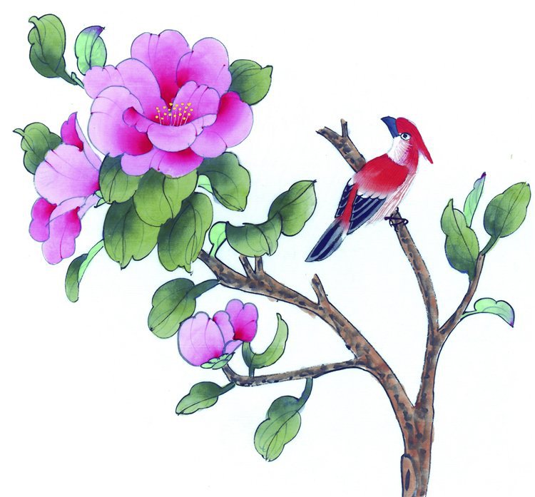 Птица на ветке - цветы, птицы, дерево - оригинал