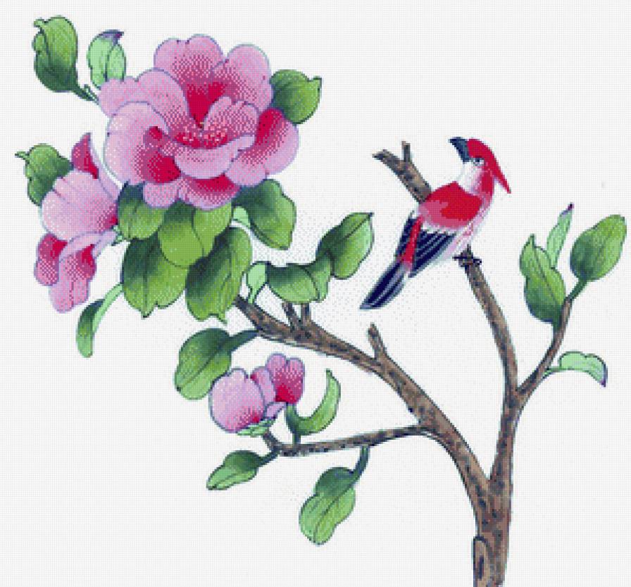 Птица на ветке - цветы, птицы, дерево - предпросмотр