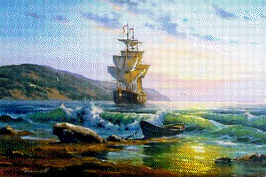 морской закат - море, корабль - предпросмотр