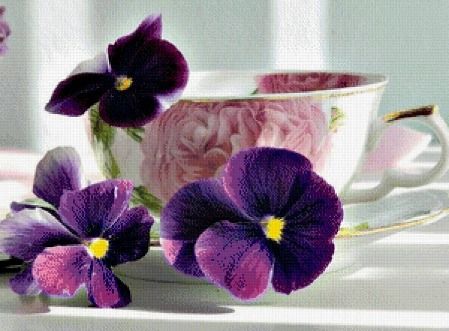 №639007 - чашка, виолы, анютины глазки, цветы - предпросмотр
