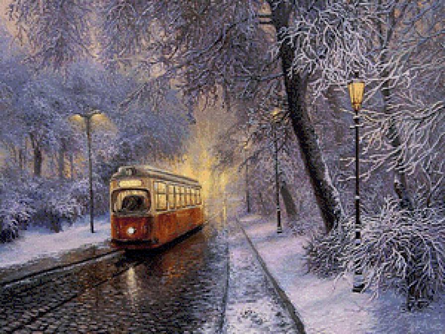 Морозный вечер - иней, трамвай, мороз, зима, вечер - предпросмотр