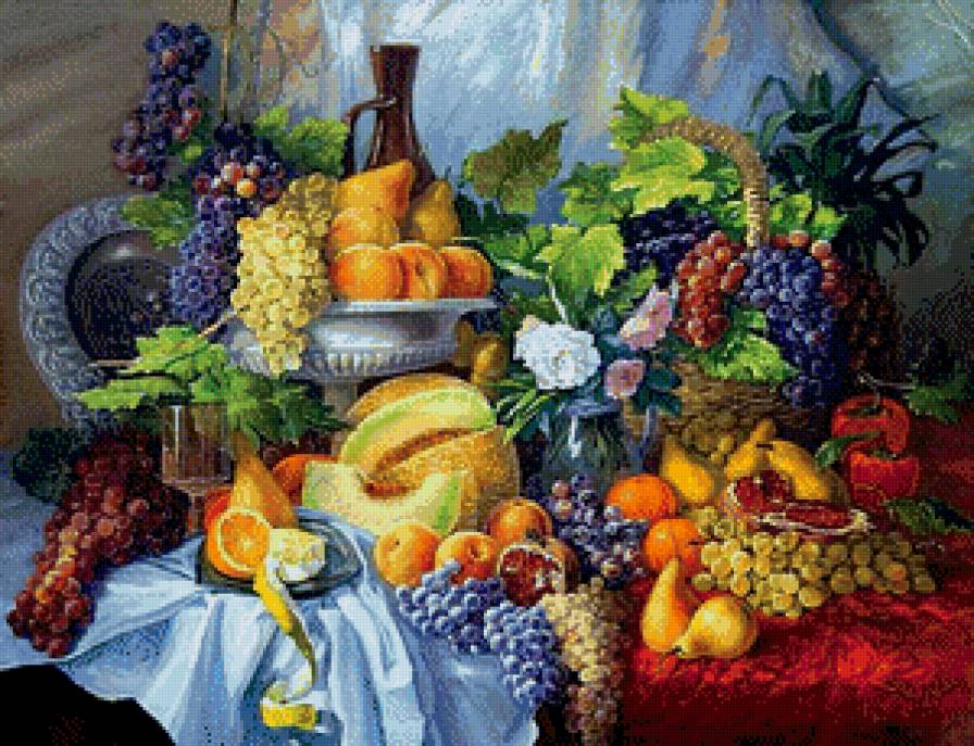 Натюрморт - фрукты, натюрморт, цветы - предпросмотр