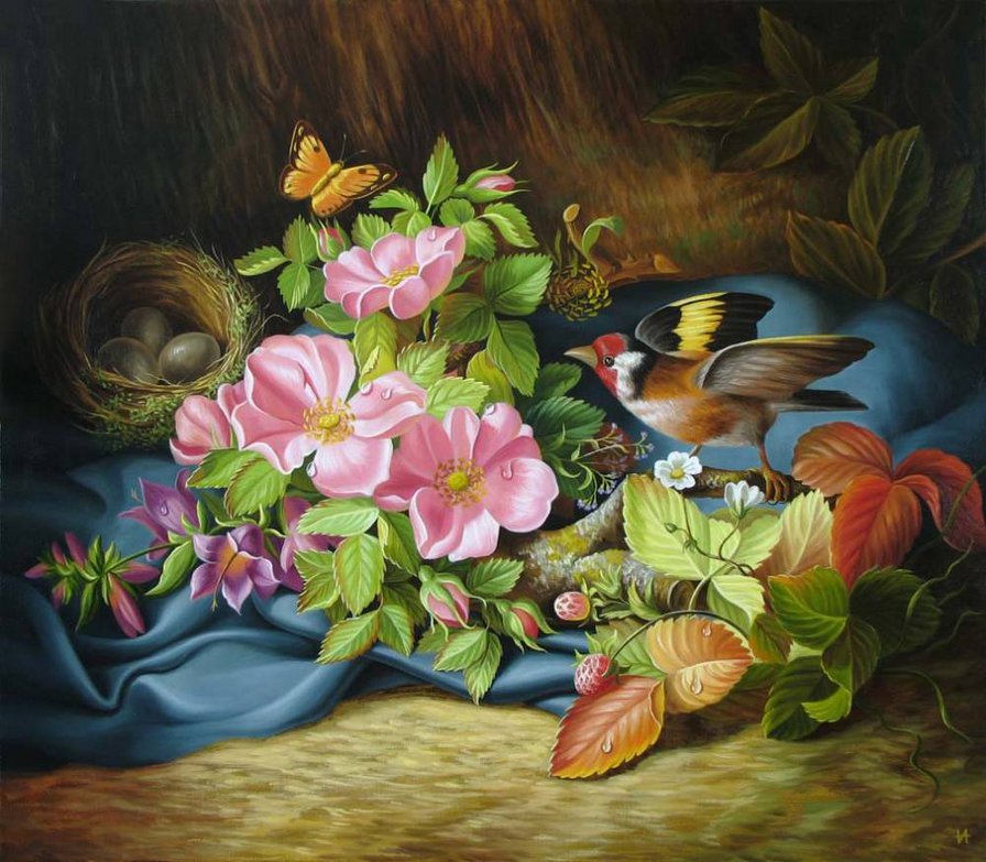 цветы - акварель, птица, бабочка, цветок, живопись - оригинал