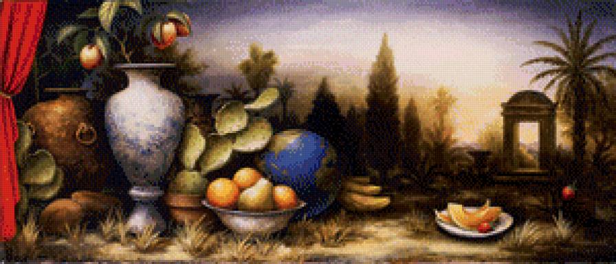 натюрморт с глобусом и кактусом - кухня, натюрморт, кактус, глобус, девид слоун, фрукты - предпросмотр