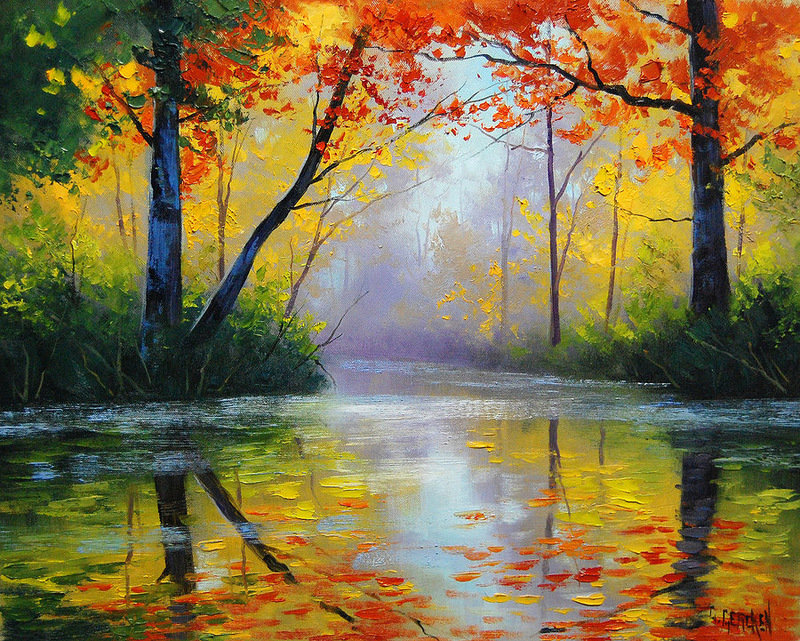 осенний пейзаж - золото, природа, пейзаж, живопись, дерево, осень - оригинал