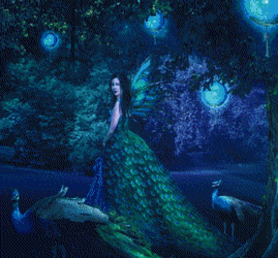 в ночном саду - павлин, девушка - предпросмотр