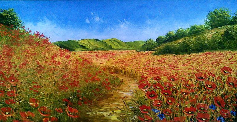 маковые поля - пейзаж, мак, горы, цветы, поле, живопись - оригинал