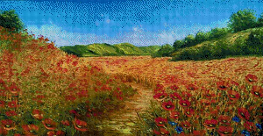 маковые поля - пейзаж, живопись, горы, цветы, мак, поле - предпросмотр