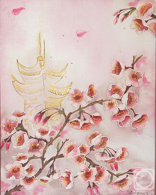 японский мотив - цветы, батик, сакура, нежность, весна, япония, пагода, восток - оригинал
